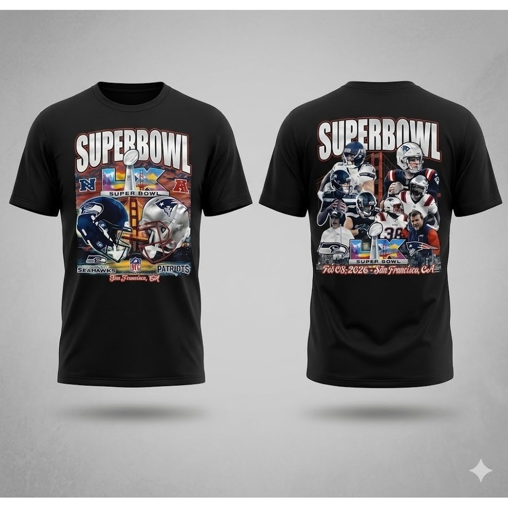 Super Bowl LX 2026 Tee Seahawks Patriots Gameday Graphic Men 2XL